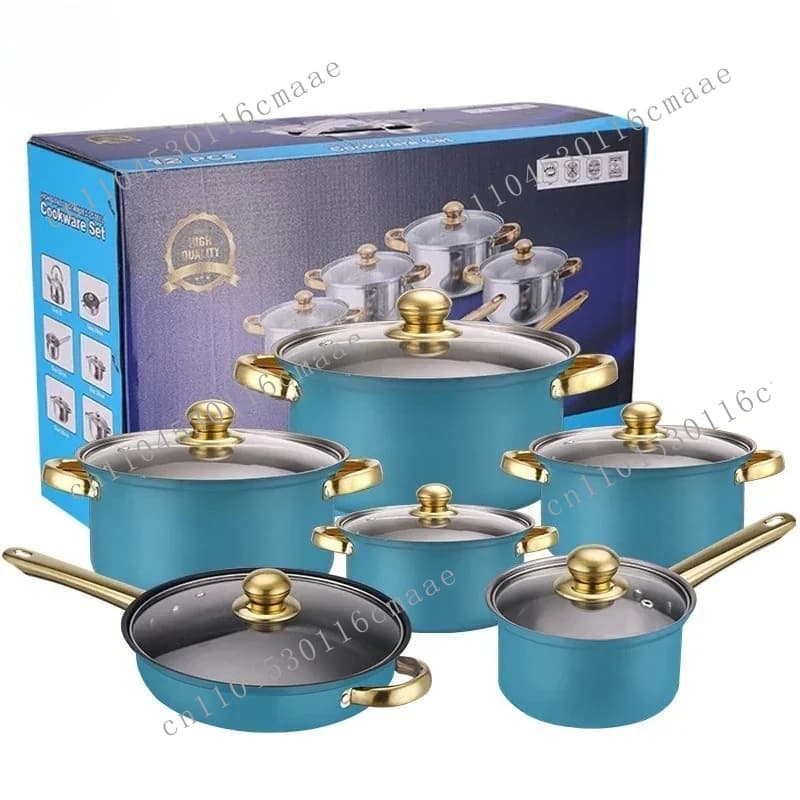 12-Piece Anti-Rust Stainless Steel Cookware Set Non-Stick Kitchenware Including Fry Pan and Cooking Pot for Kitchen Use