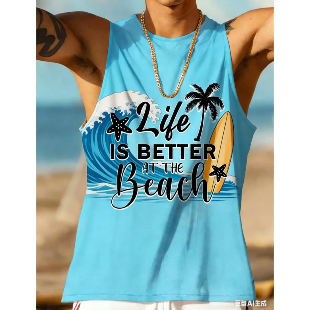Men's Summer Vacation Tank Top Printed vest Hawaiian style sleeveless T-shirt Breathable sports vest Graphic Beach vest new tops