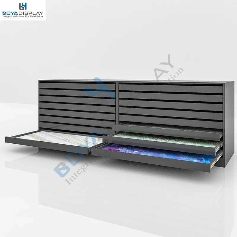 Customized Hardwood Flooring Parquet Laminate Oak Timber Sample Display Stand Ceramic Tile Stone Rack Double Row Drawer Cabinet