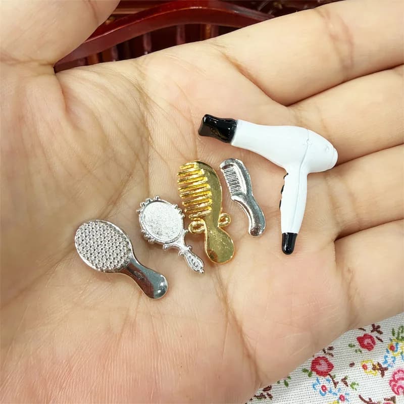 5pcs 1:12 Mini Hair Styling Set Hair Dryer Comb Mirror Doll Accessories Pretend Play Vanity Table Miniature Dollhouse Home Decor