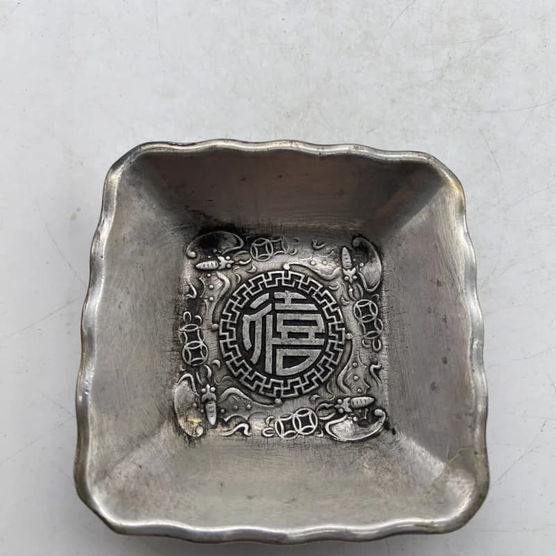 Crafts Antique White Copper Silver-Plated Wealth-Attracting Plate Ashtray Craft Ornament