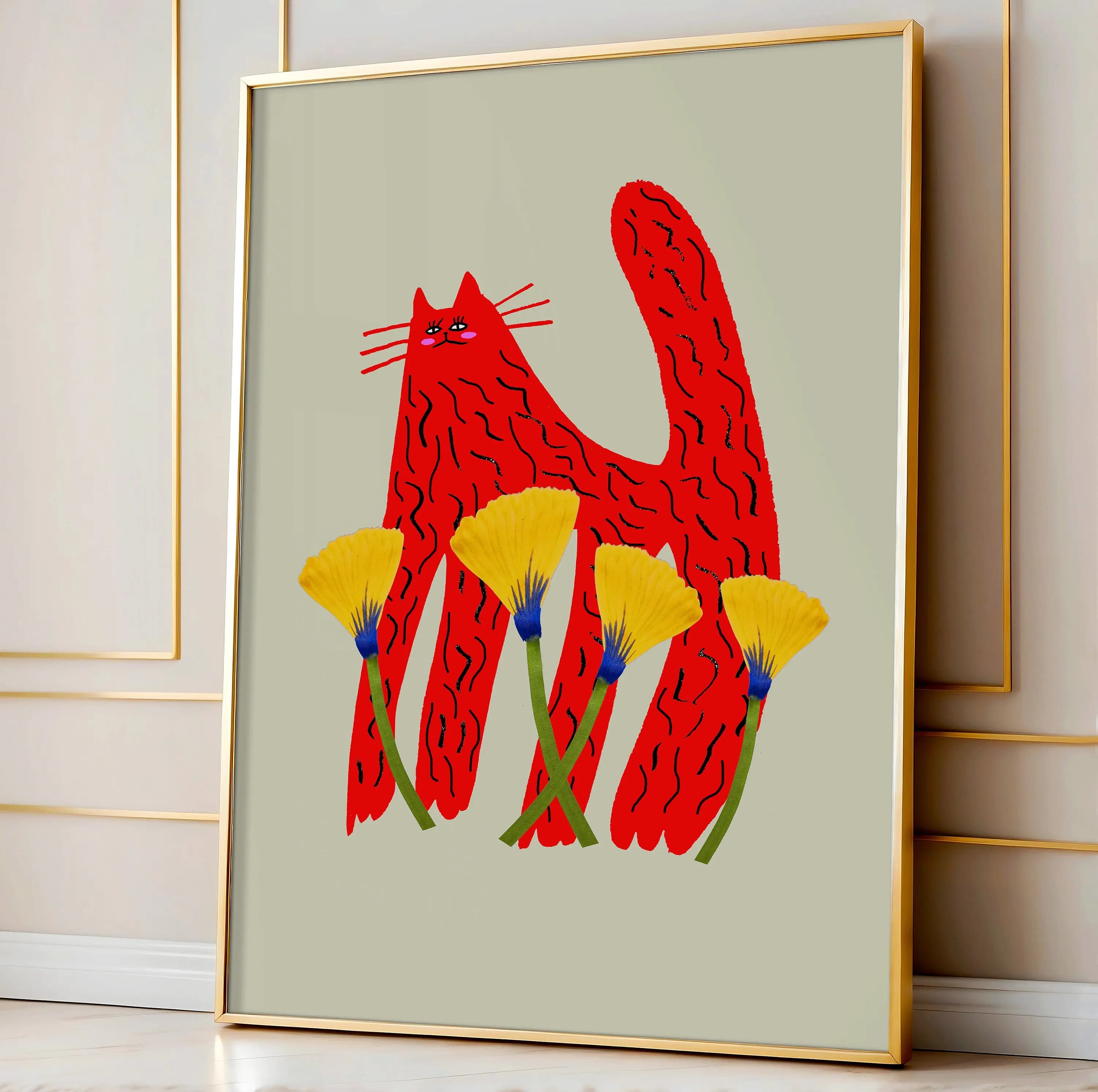 Cat and Tulips Art Print, Flowers Wall Decor, Colorful Prints, Floral Illustration, Gift for Her Kitchen, Living Room Decor