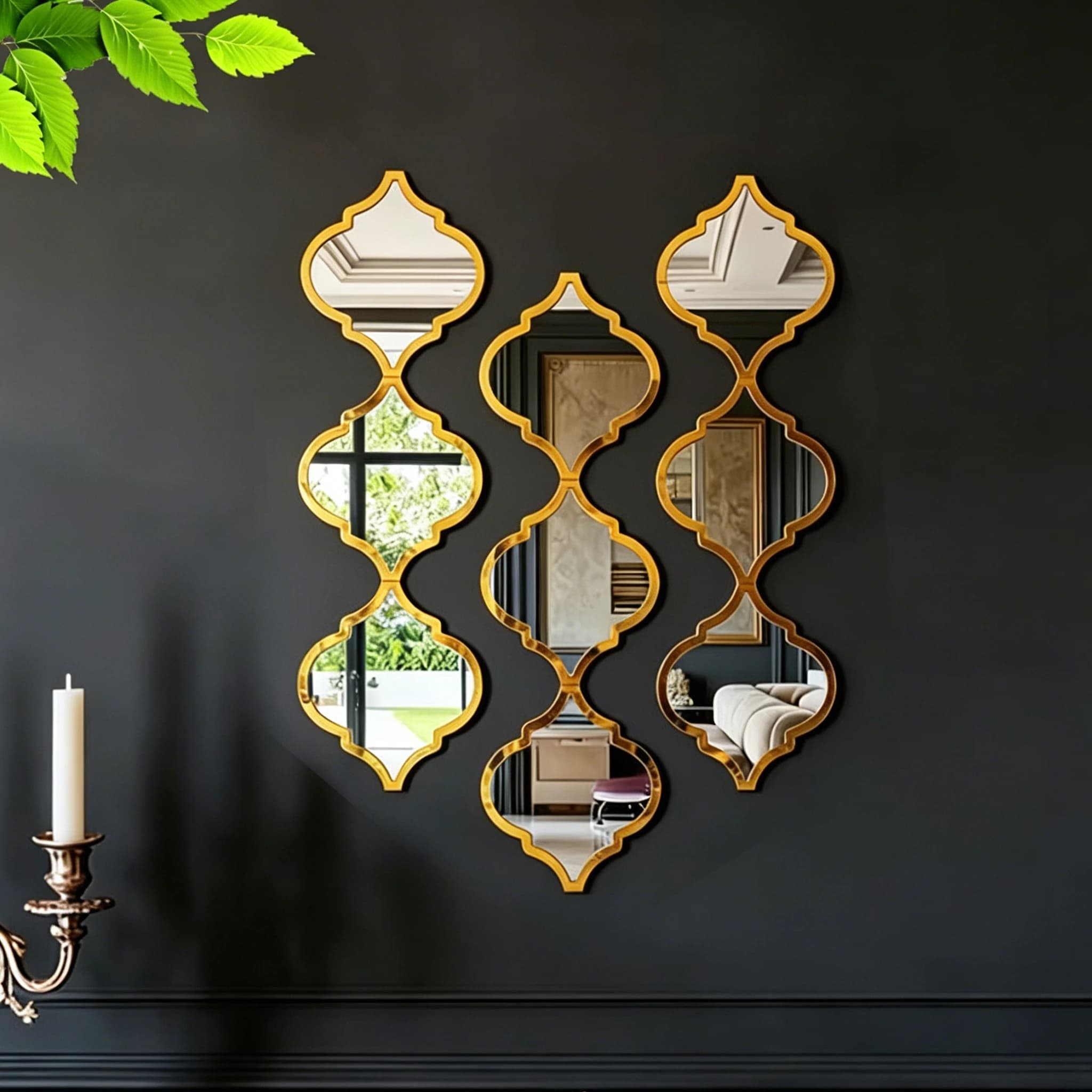 12pcs Moroccan Wall Mirror Set, Large Gold Decorative Mirrors for Wall, Living Room Bedroom Hallway Decor, Vintage Arabesque Hom