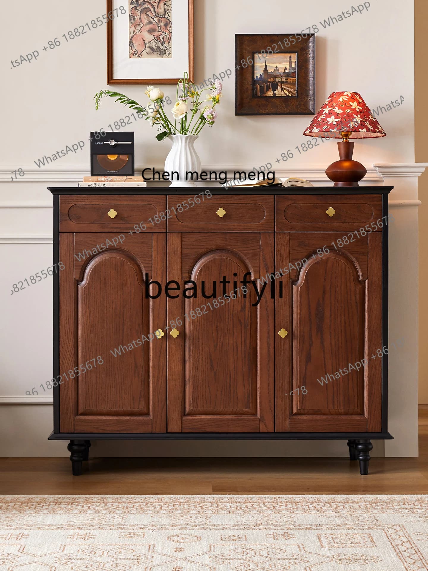 Medieval solid wood shoe cabinet, home storage locker at the entrance of the living room, integrated entrance cabinet
