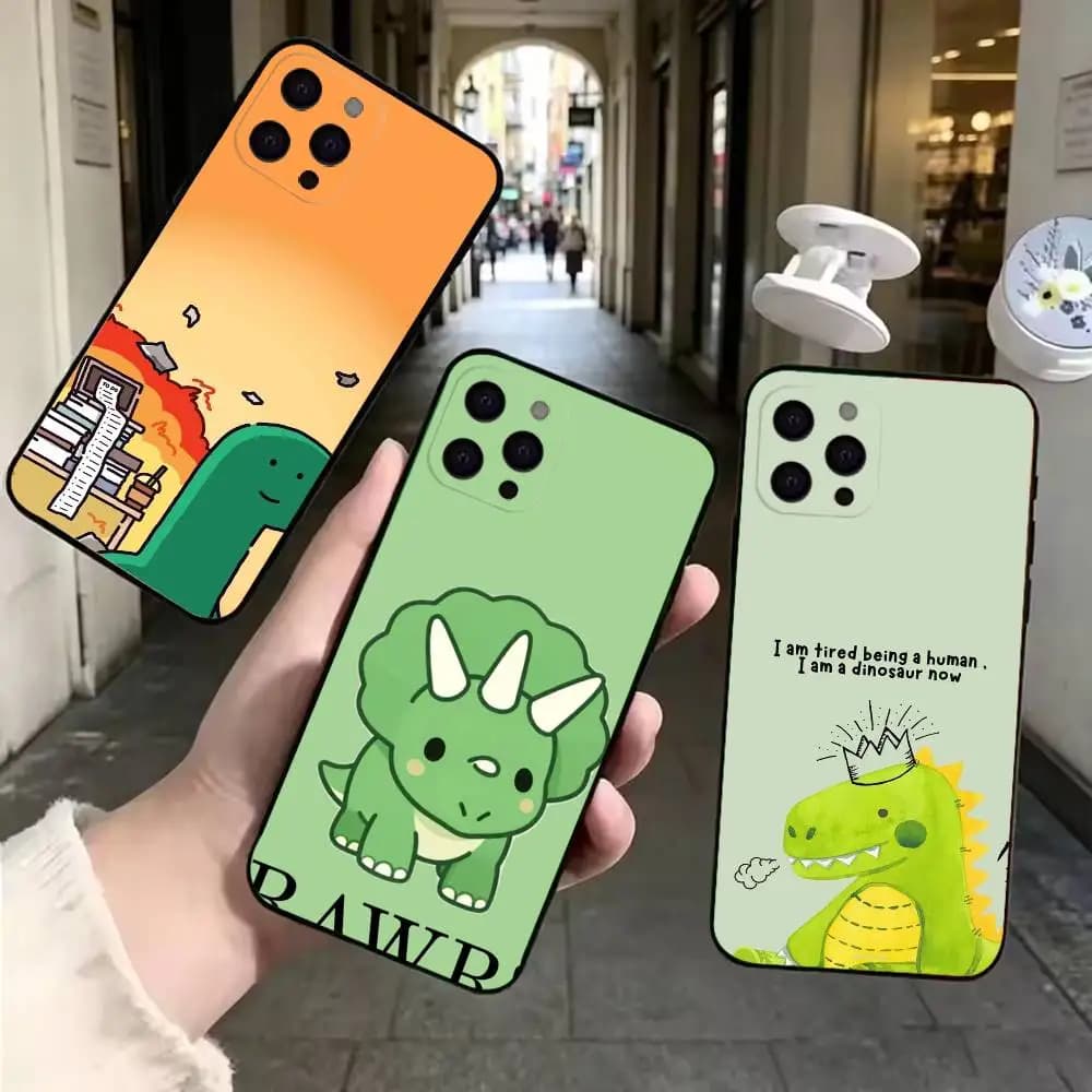 Cute Green Dinosaur Pattern Black Soft Dustproof Cell Phone Case For iPhone 11,12,13,14,15,16,17,16E Pro Max Mini Air Plus