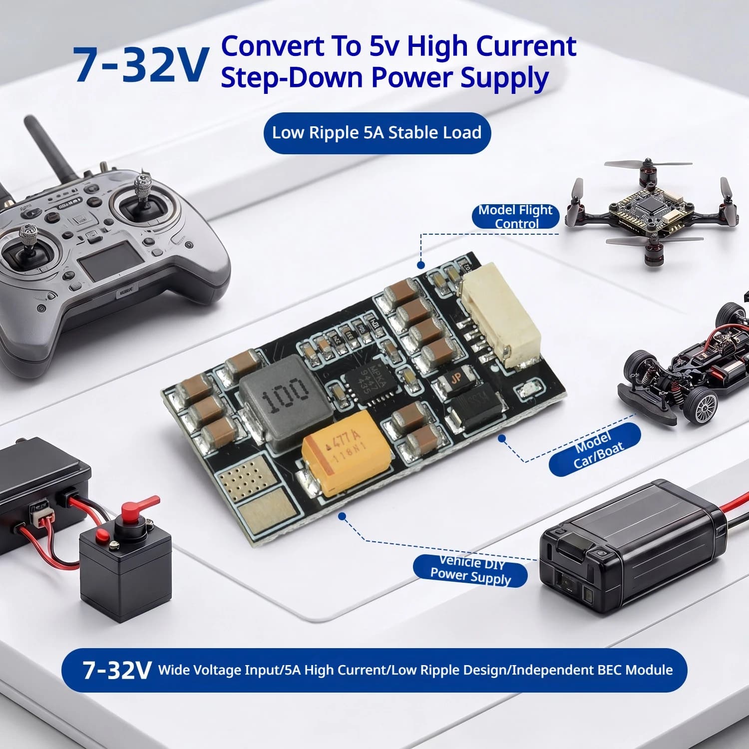 DC7-32V to DC5V Step Down BEC Module 5A High Current Low Ripple Voltage Regulator for RC Flight Controller Servo Receiver