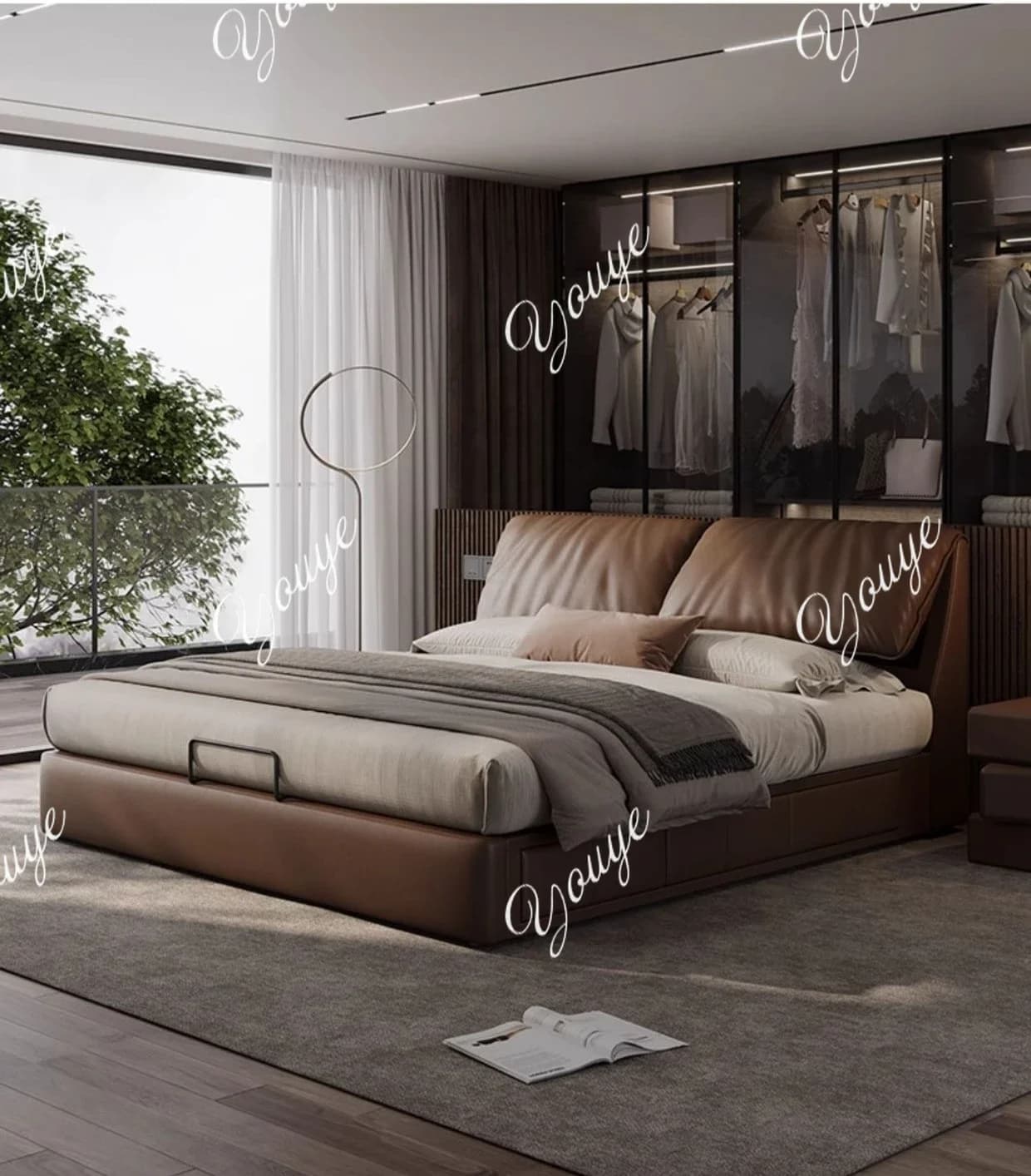 N49 Leather bed, light luxury, modern 2m master bedroom, double bed, multi-functional storage, upholstered beech wood bed