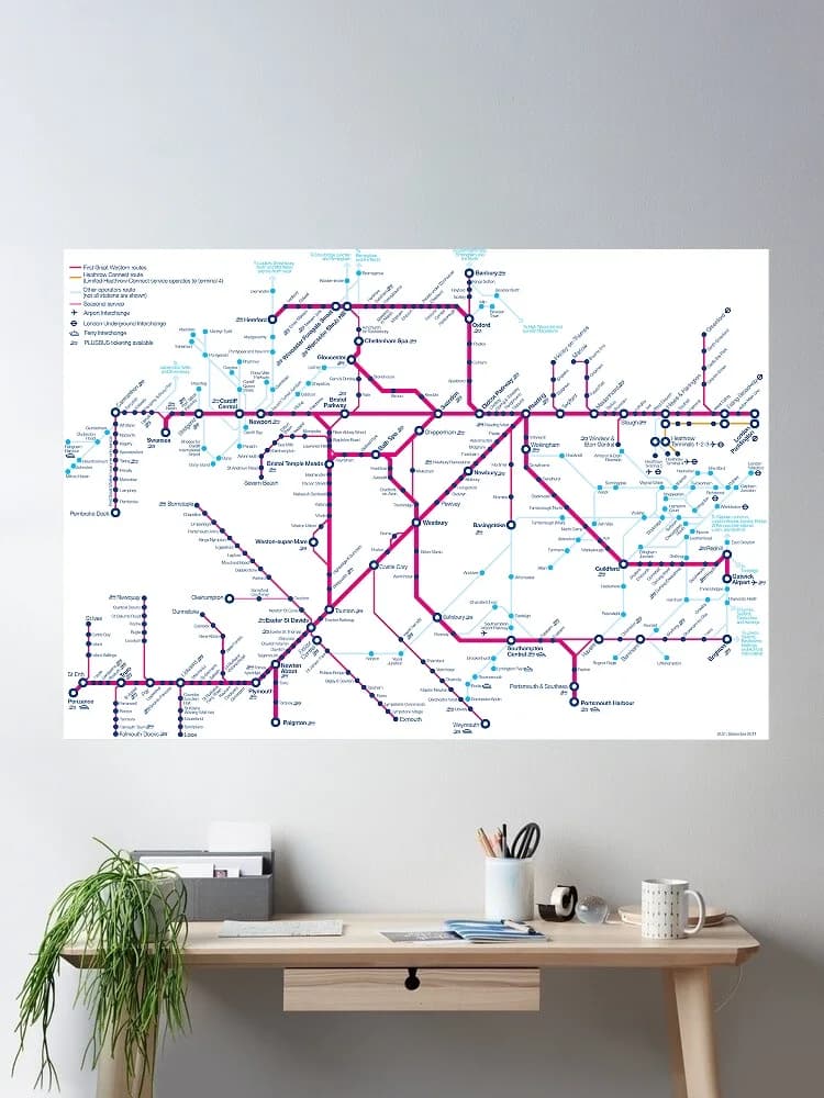 Map of london first great western rail network, Art Picture Print Silk Poster, Home Wall Decor