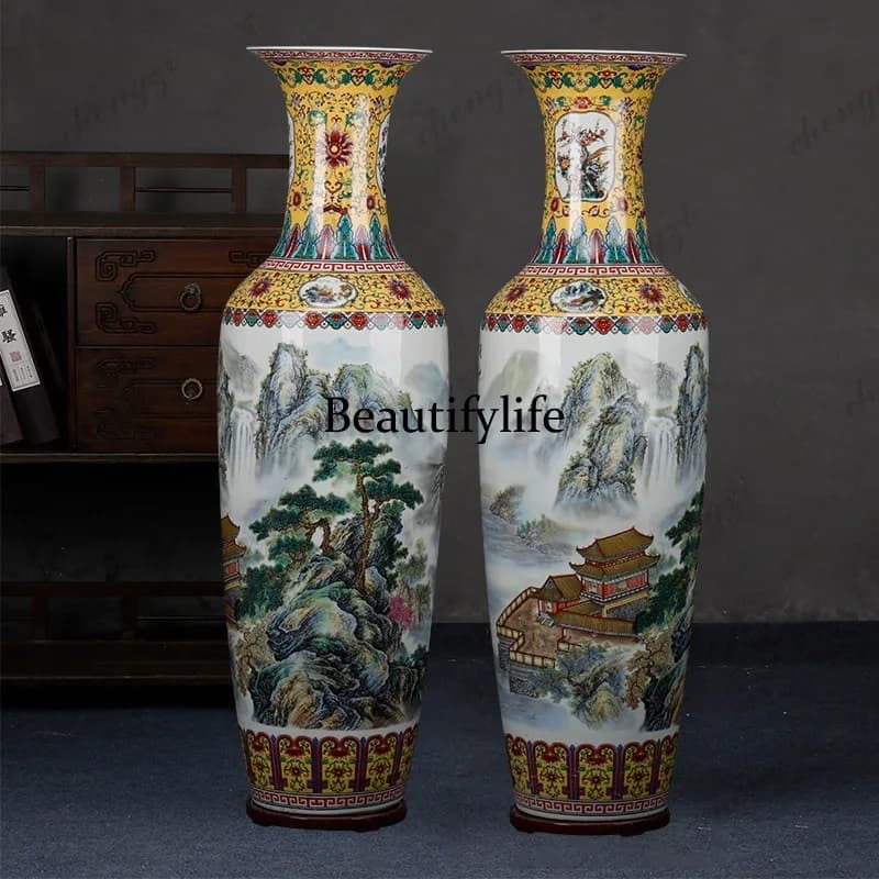 A95 Jingdezhen ceramics, famille rose landscape style floor-standing large vase, company living room decorative ornament