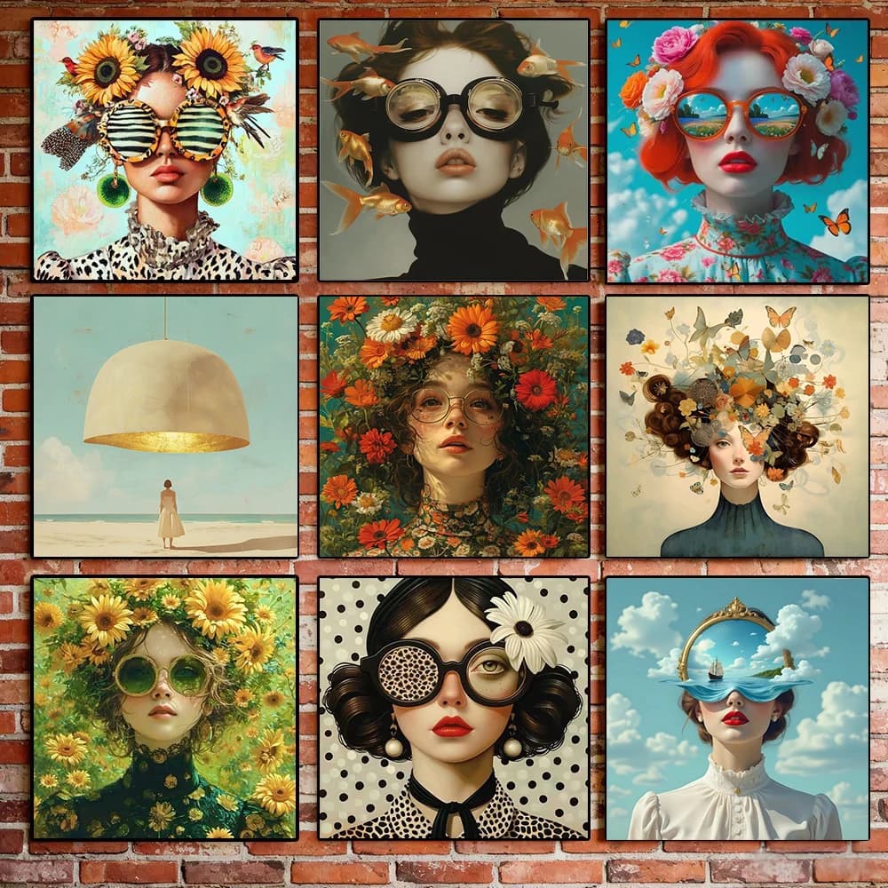 Surrealism Floral Woman Portrait Canvas Painting Wall Art Flower Head Figure Poster and Print for Living Room Aesthetic Decor ﻿