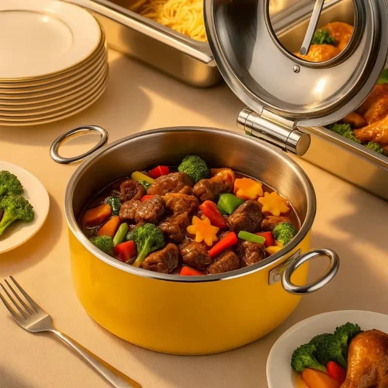Round yellow insulation pot Self-service food heater Stainless steel hot pot set Non-electric food heater for hotel restaurant