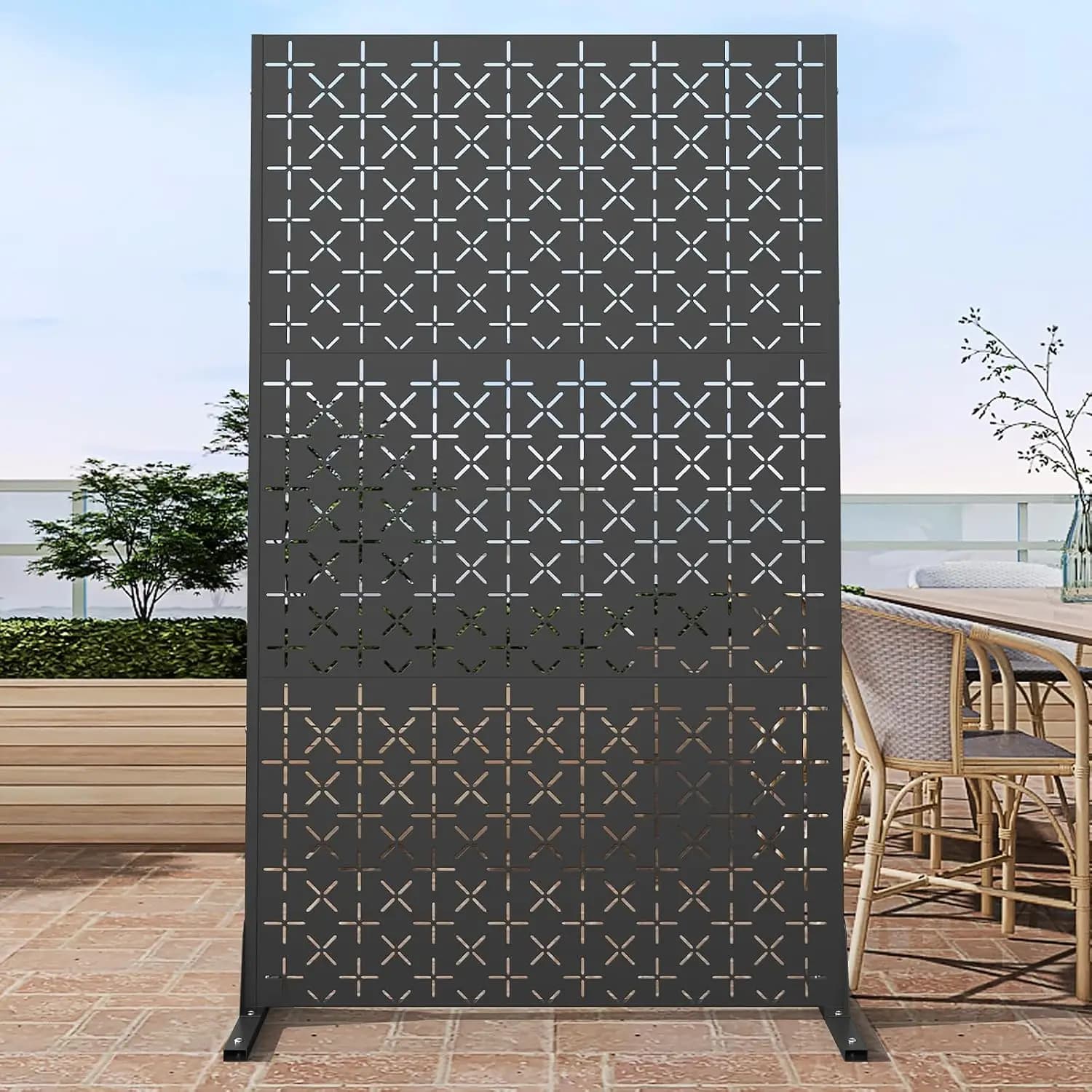 Metal Privacy Screen Outdoor with Stand, 6 ft Tall Decorative Privacy
