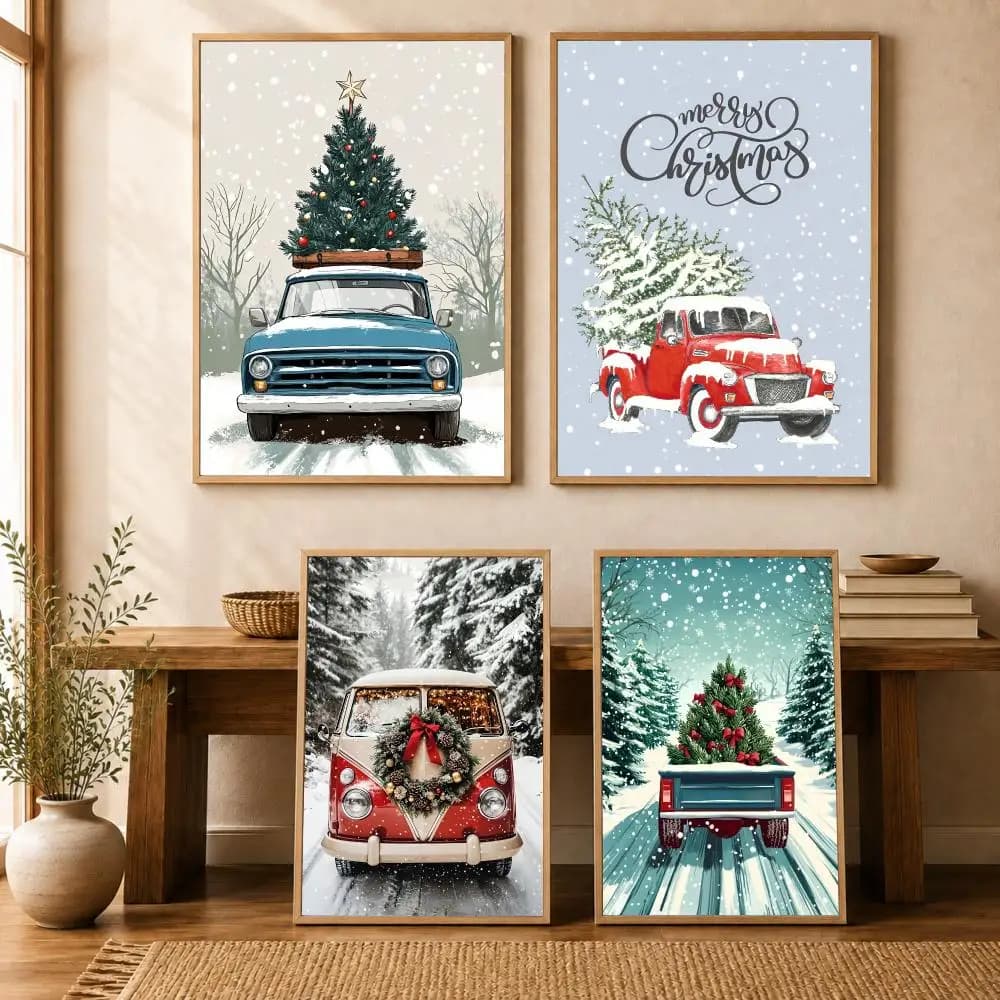 Christmas tree snowflakes and cars Calligraphy Canvas Painting Art for Bedroom Living Room Home Decor Decoration Decals Gift