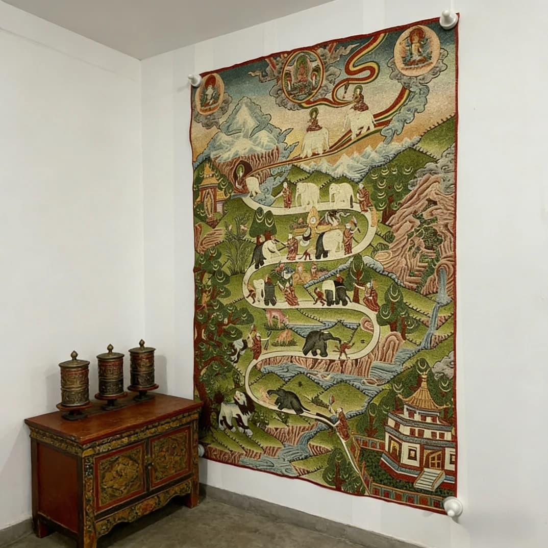 35"Thangka Embroidery Tibetan Buddhism silk Embroidery Buddha statue and mount elephant lion Thangka hanging screen Town house