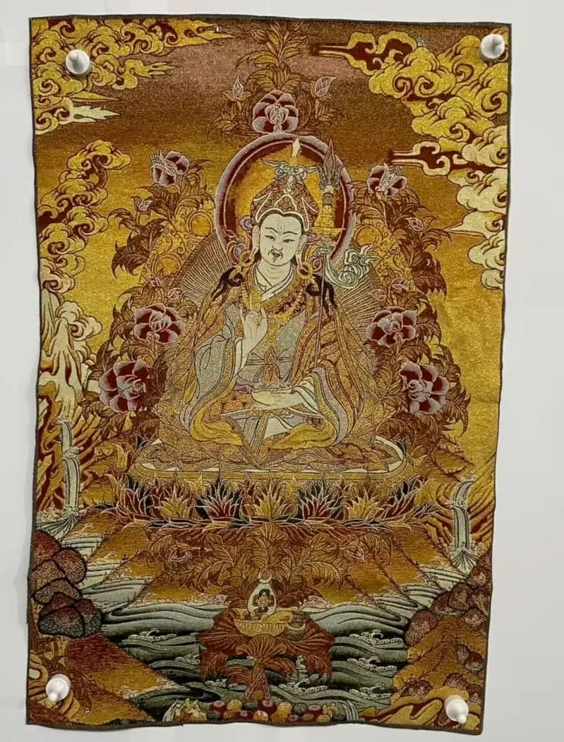 35' Thangka Embroidery Tibetan Buddhism Silk Brocade Guru Rinpoche Padmasambhava Thangka Hanging Screen Town House Exorcism