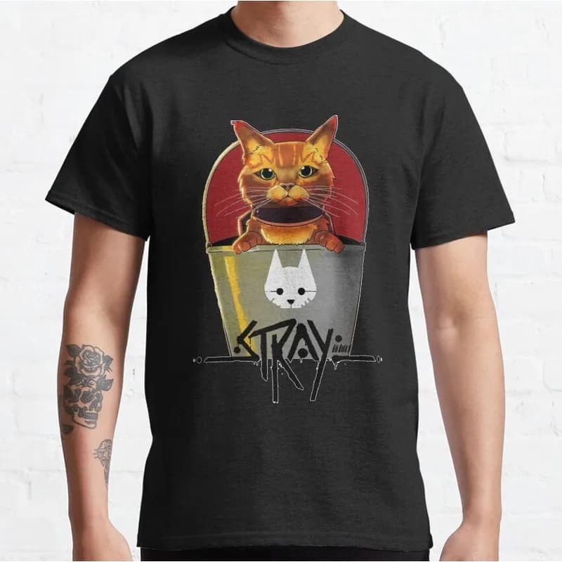 Stray Video Game Cat Graphic T‑Shirt O‑Neck Short Sleeve Unisex Tees Cyberpunk Stray Cat Print Casual Streetwear For Gamer Fans