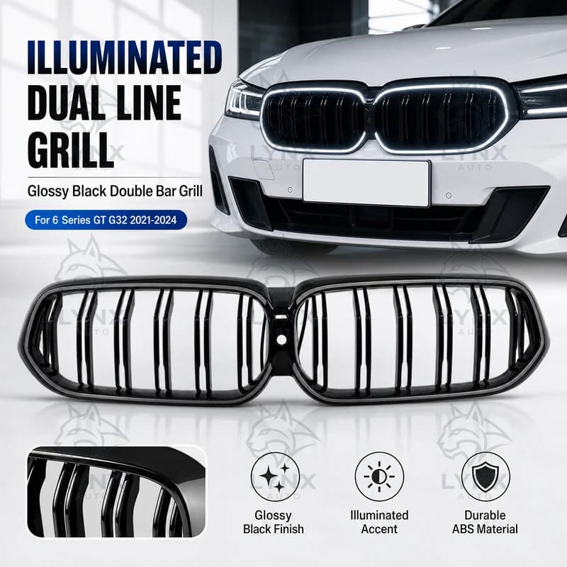For BMW 6 Series GT G32 2021-2024 Late Modified Illuminated Dual Line Glossy Black Grill Double Bar Glossy Black Grill
