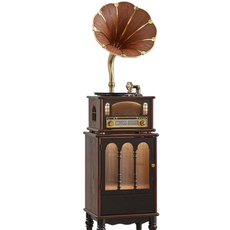 French retro phonograph, antique vinyl record player in living room and home, antique record player Bluetooth audio ornament