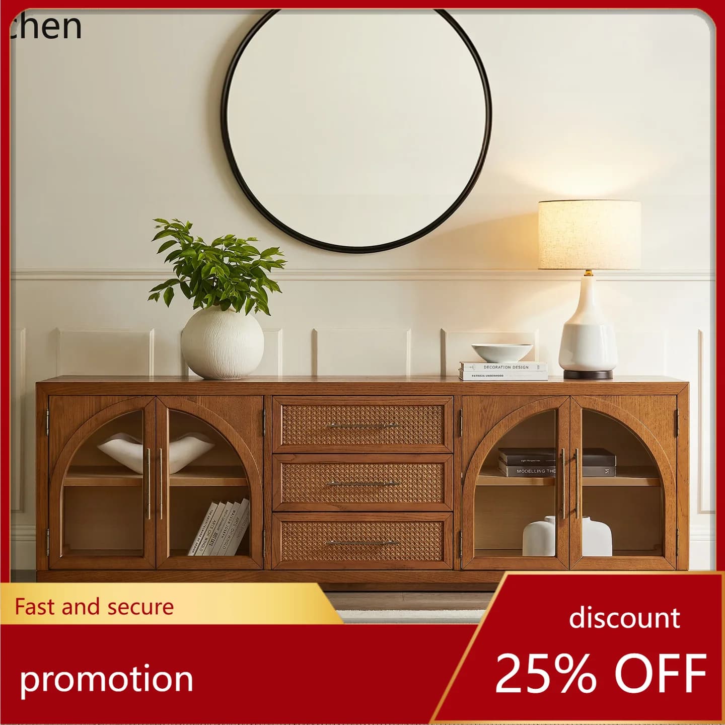 HXL Solid Wood Rattan TV Cabinet Glass Cabinet Floor Storage Media Cabinet
