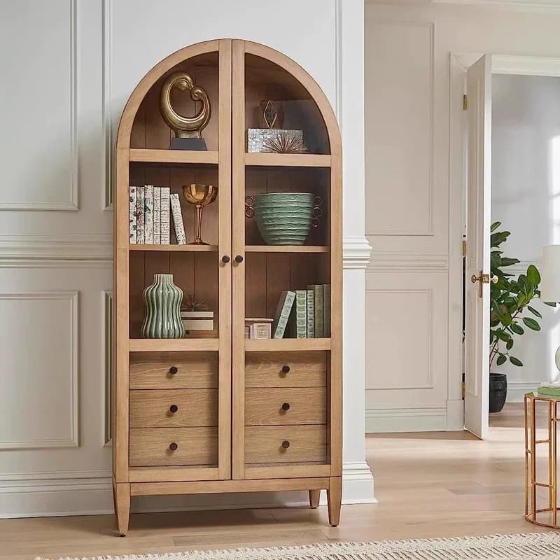 DSA light luxury solid wood bookcase simple living room antique glass door with drawers retro arched decorative cabinet