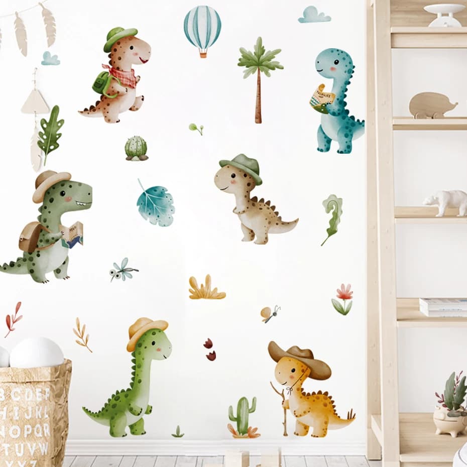 Cartoon Hat Dinosaur Adventure Watercolor Wall Sticker Vinyl Child Nursery Baby Kindergarten Art Decal Kids Room Home Decor