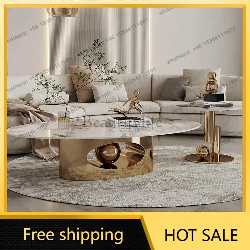 LS Italian rock slab size coffee table combination oval light luxury minimalist stainless steel designer home