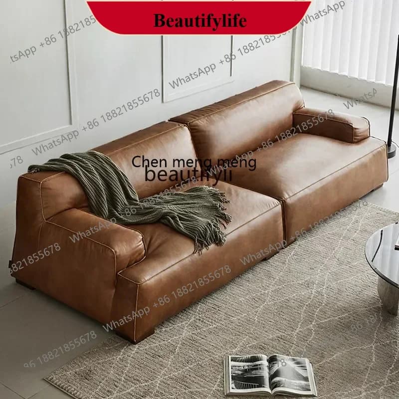 z183   Italian retro leather sofa small apartment living room three-person Damascus oil wax leather straight row sofa