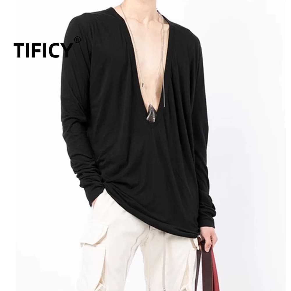 Dark RO Cotton High Street Tees Men's Deep V-neck Solid Color Fringed T-shirt Long Sleeved Loose Tank Thin Base T-shirt Tops