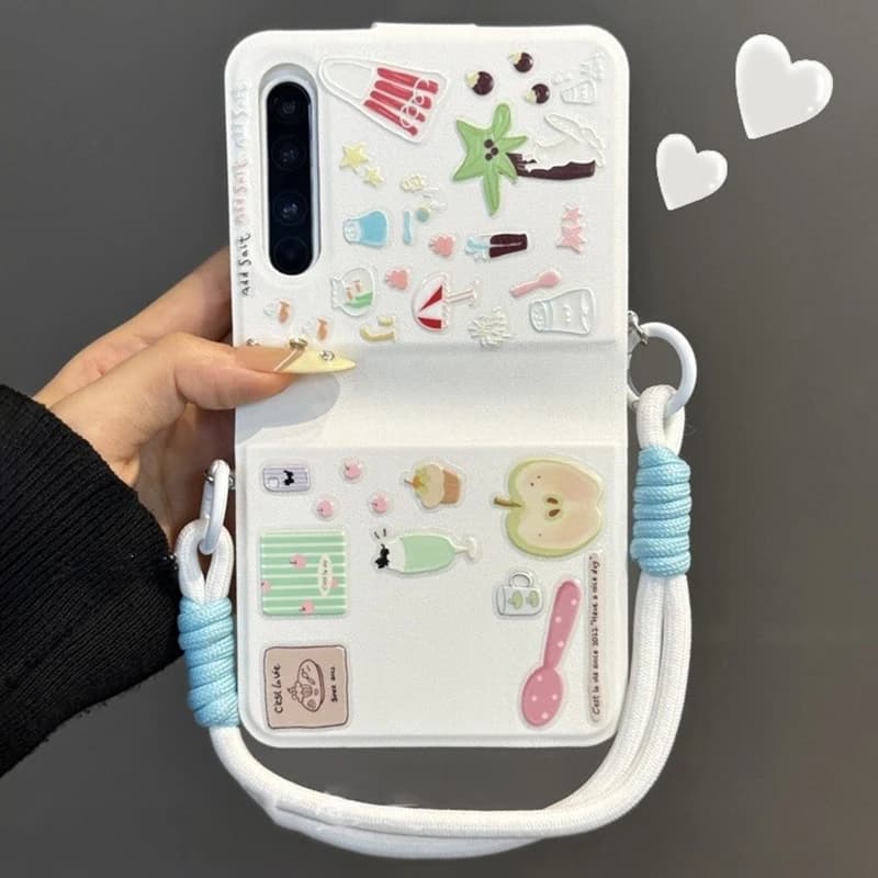 Book Style flip Phone Case for Samsung Z Flip7/ZFlip6 5 Case for Xiaomi Mix Flip/Flip2 White Leather Casing with Cute Sticker