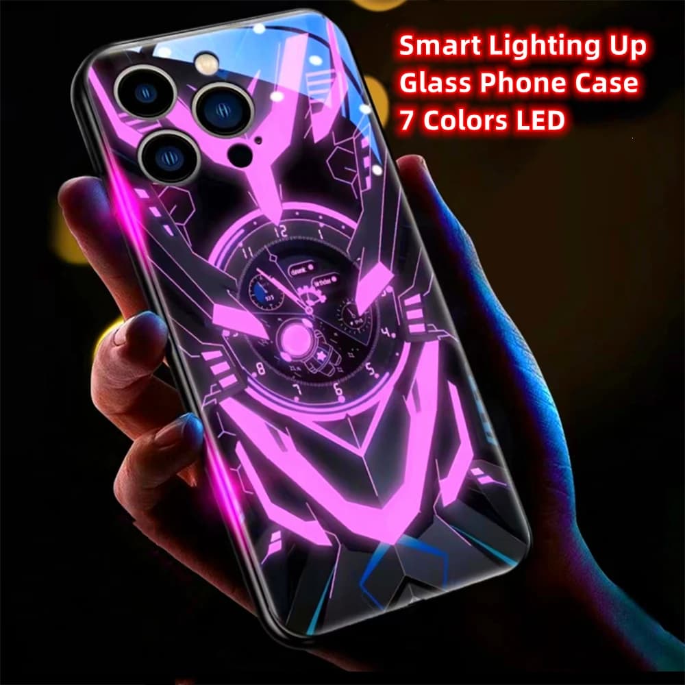 Turntable Armor Design Smart LED Light Glow Tempered Glass Phone Case For iPhone Air 17 16 E 15 14 13 12 11 Pro Max