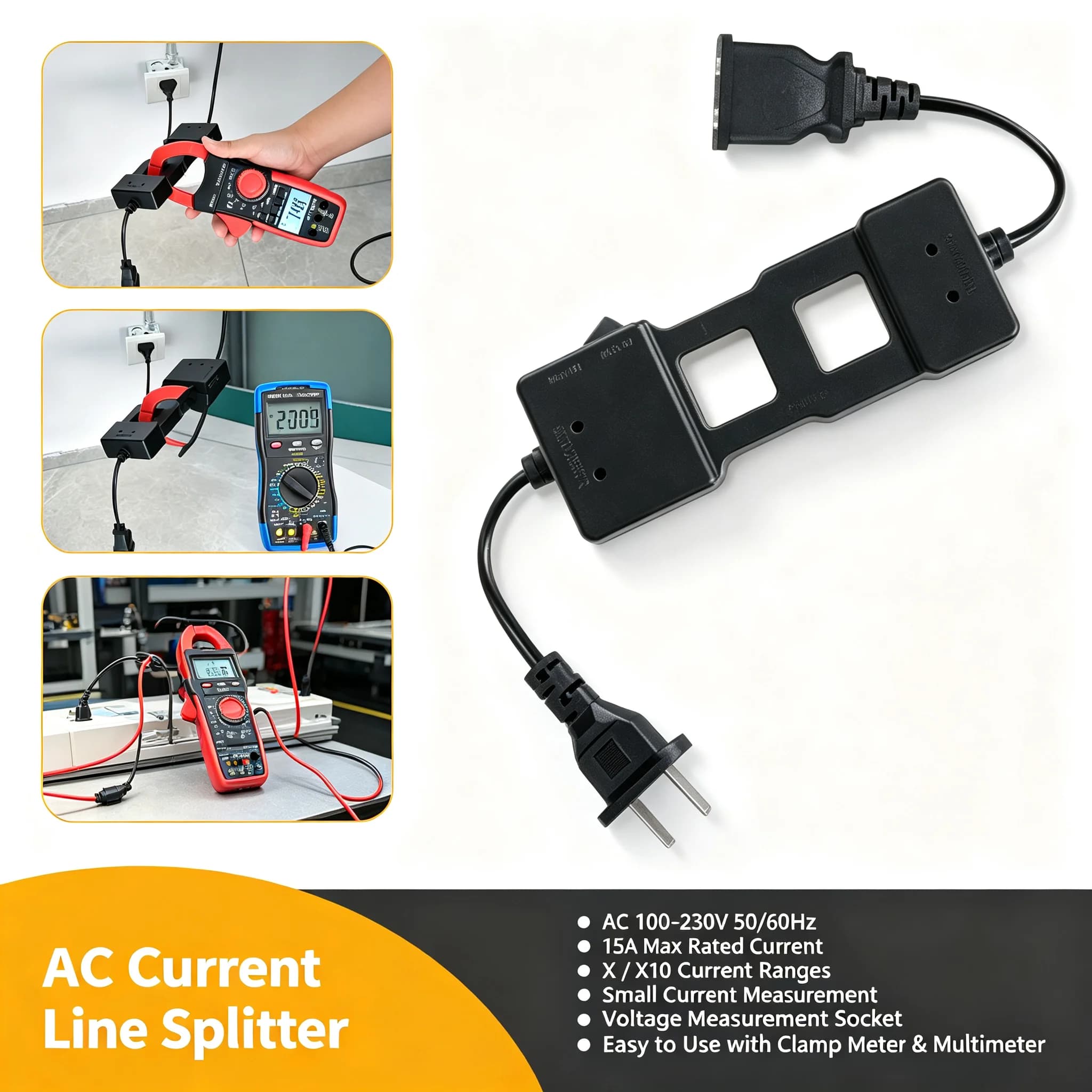 AC 100-230V 15A Line Splitter Clamp Meter Current Voltage Test Tool with uA mA Socket for Multimeter Small Current Accessory