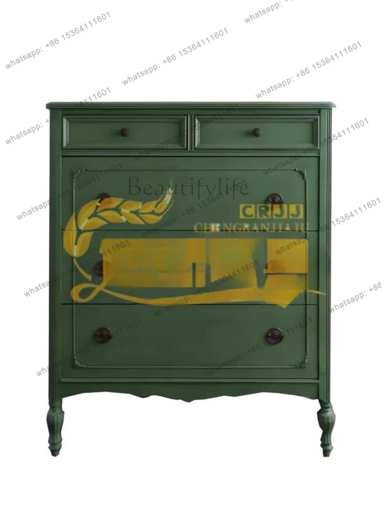 French vintage green solid wood chest of drawers American simple storage drawer cabinet