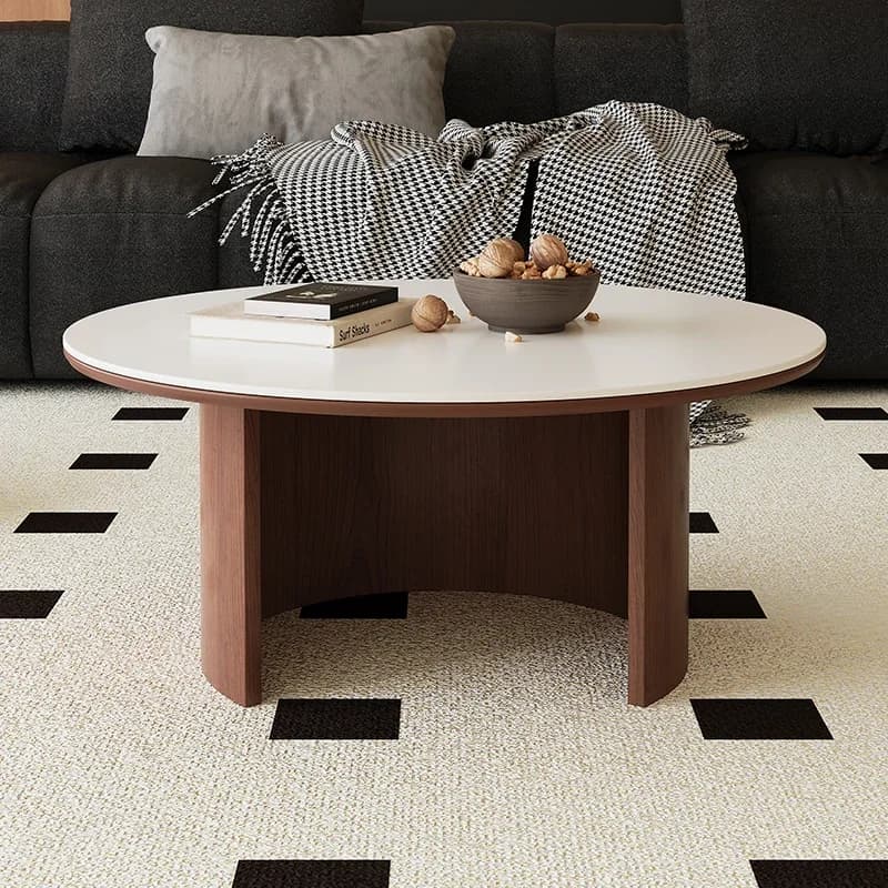 Living room household solid wood rock slab round coffee table round tempered glass