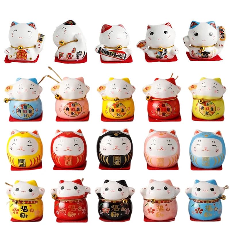 5Pcs Mini 2-Inch Ceramic Maneki Neko Lucky Cat Figurines Home Room Decor Yard Garden Car Sculptures Interior Decoration