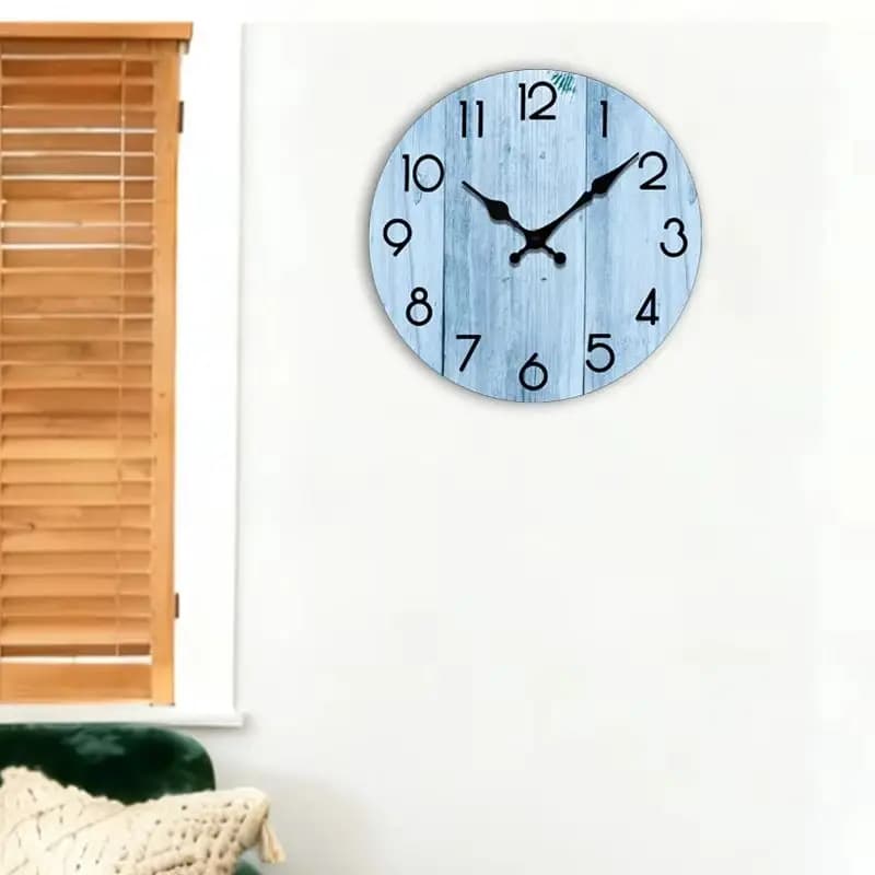 Vintage Light Blue Wooden Wall Clock Bold Black Numeral Retro Coastal Farmhouse Decor for Living Room Bedroom Silent Clock