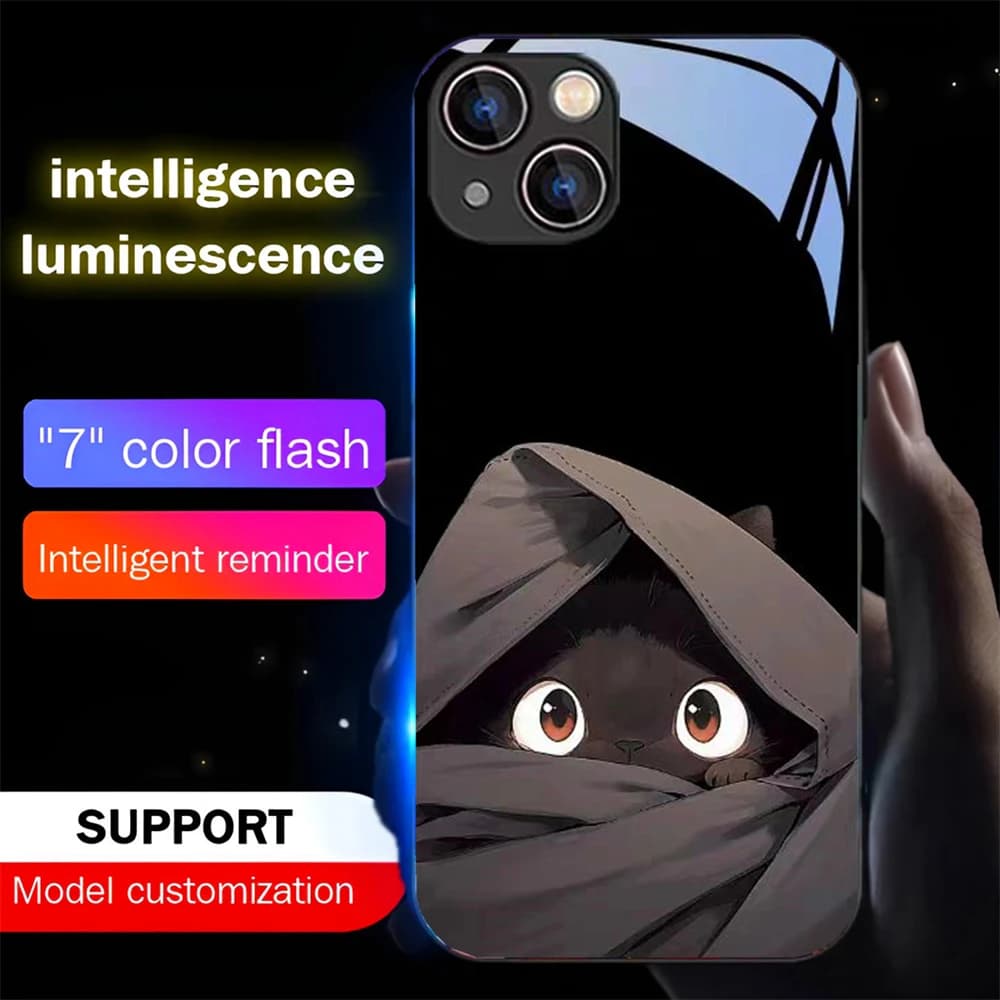 Lovely Cat Cartoon Sound Control LED Flash Cases Luminous Glass Cover For iPhone Air 17 16 E 15 14 13 12 11 Pro Max XR XS Plus