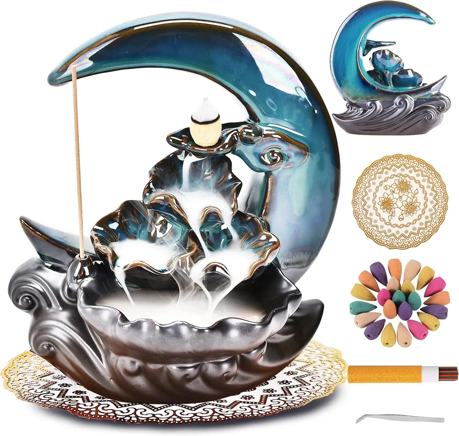 Handmade Ceramic Backflow Incense Fountain New Moon Holder