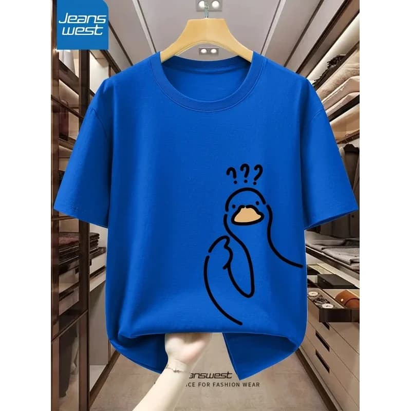 Men's Pure Cotton Casual Loose Cartoon Pigeon Pattern Printed Round Neck Short Sleeve T-Shirt Top