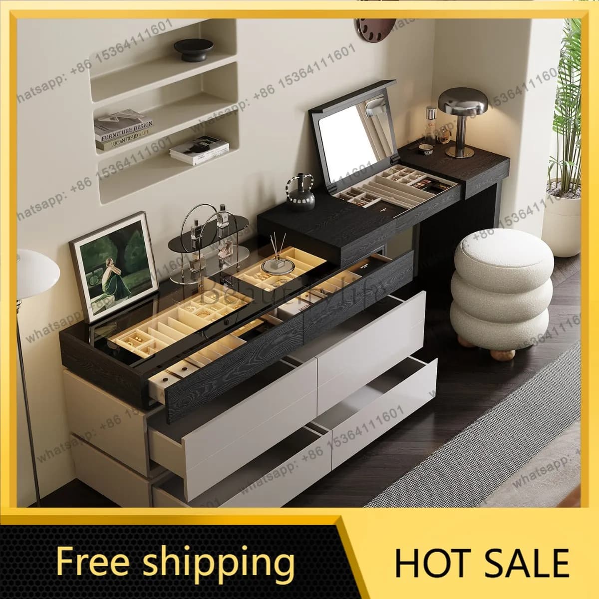 LDItalian Dressing Table Girls Makeup Modern Luxury Dressing Table Bedroom Stool Chest of Drawers Storage