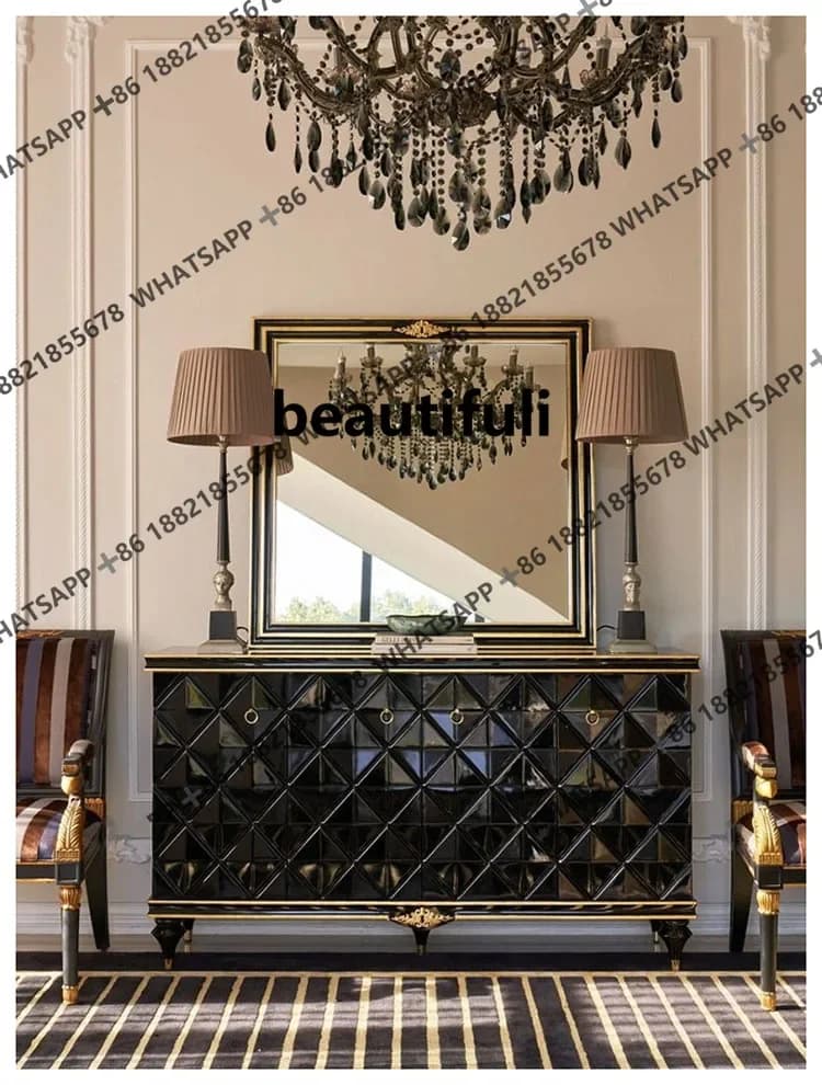 European retro solid wood dining side cabinet carved storage decorative entrance cabinet table post-modern H