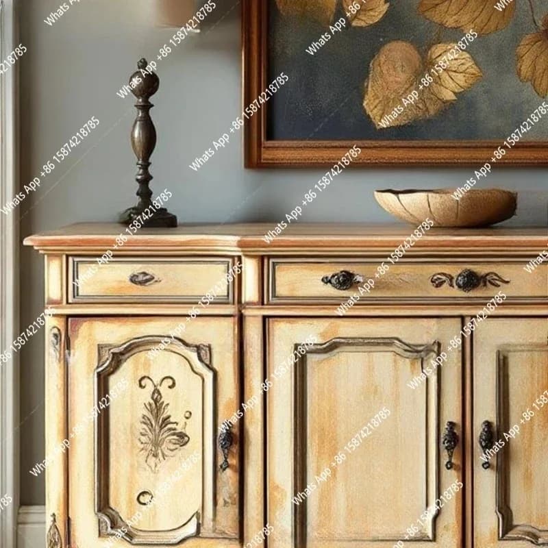 S French Retro Solid Wood Painted Entrance Cabinet Living Room Decorative Cabinet Multi-drawer Display Cabinet Locker