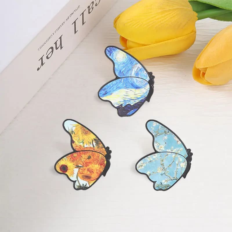 Luxury Beautiful Butterfly Brooch Starry Night Plum Sunflower Art Oil Painting Metal Badge Casual Commute Party Gift Pin Diy Bag