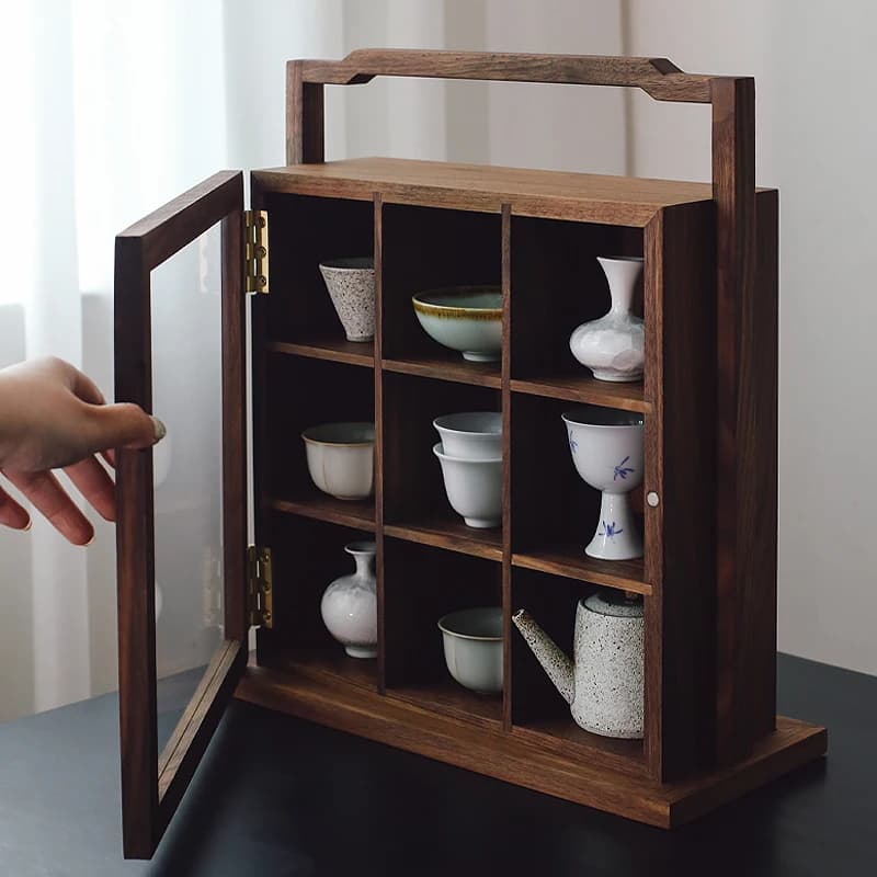 #Black walnut Jiugong Duobao grid desktop solid wood shelf tea set storage display box collection glass cabinet
