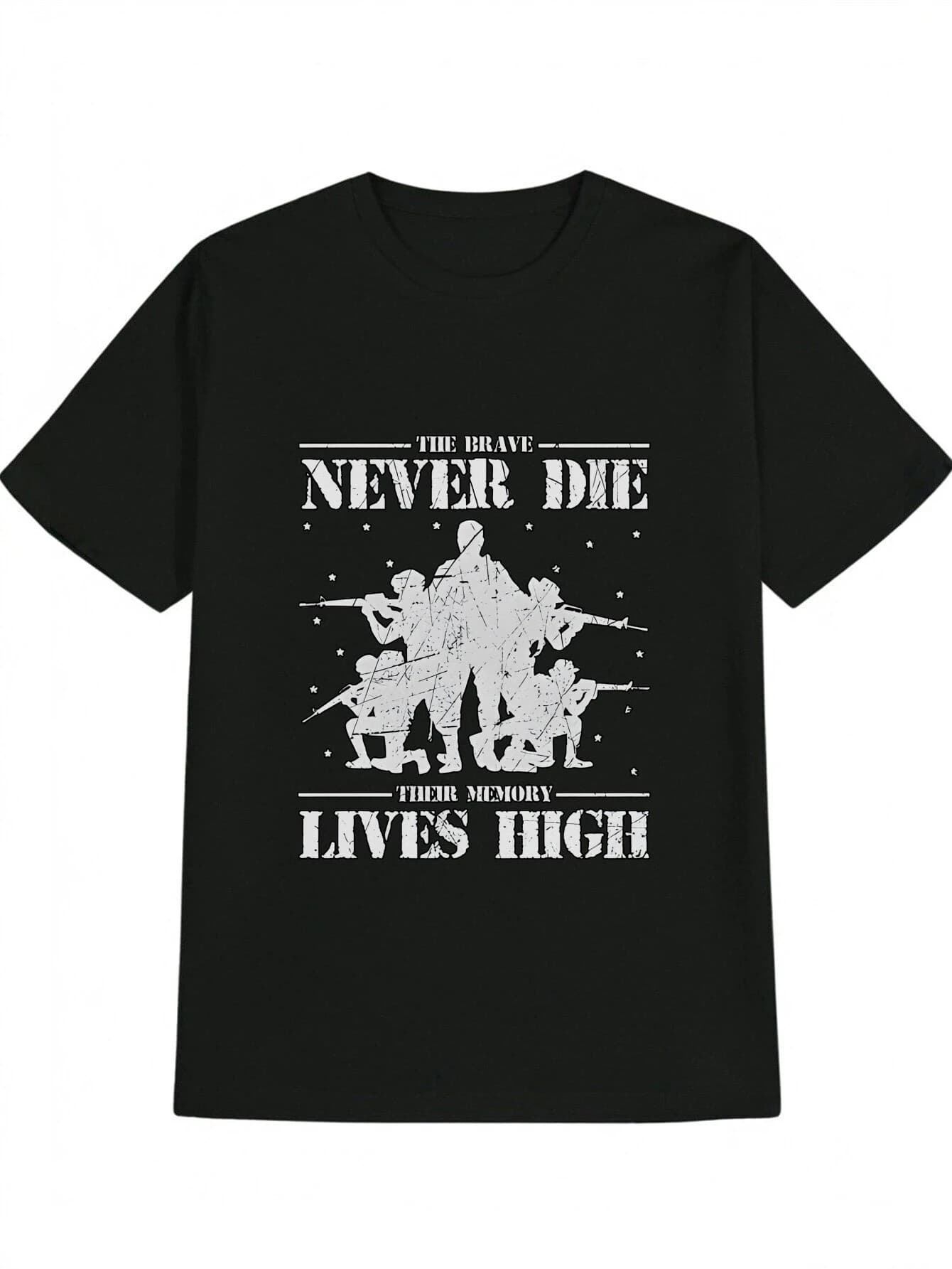 with Soldier Silhouette&"THE BRAVE NEVER DIE"Motivational- Military-Inspired Design-100% cotton O-neck printed men's T-shirt.