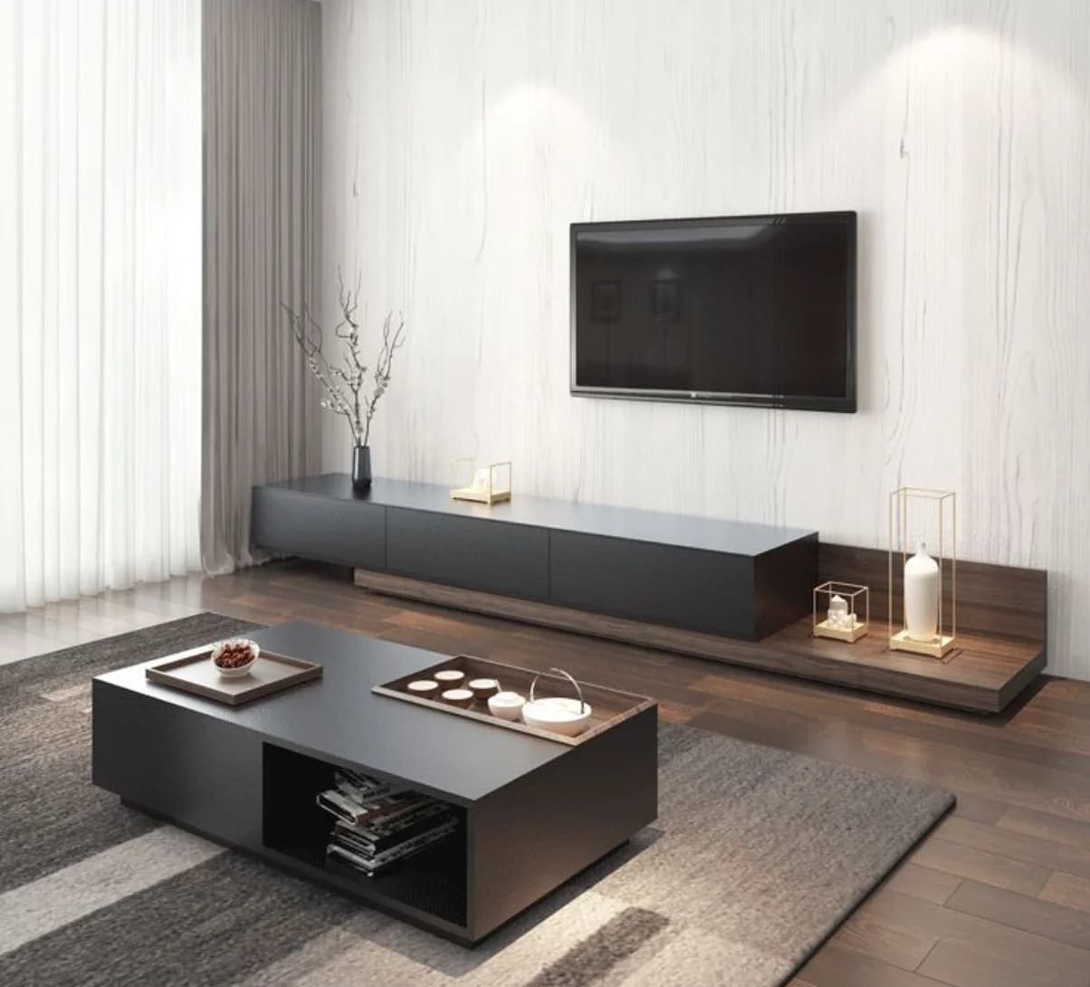 #Nordic Modern Simple Retractable Black Walnut TV Cabinet Coffee Table Combination For Small Apartment Bedroom Or Living Room