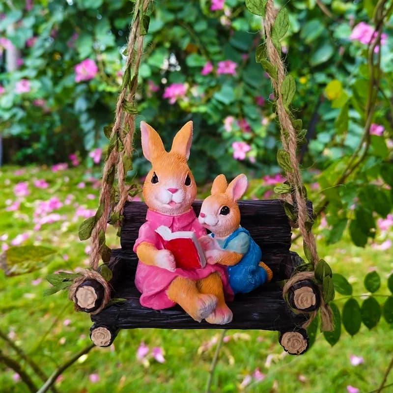 Adorable 1pc Resin Swing Rabbit Figurine - Perfect for Fairy Garden Decoration and Outdoor Tree Hanging Decor