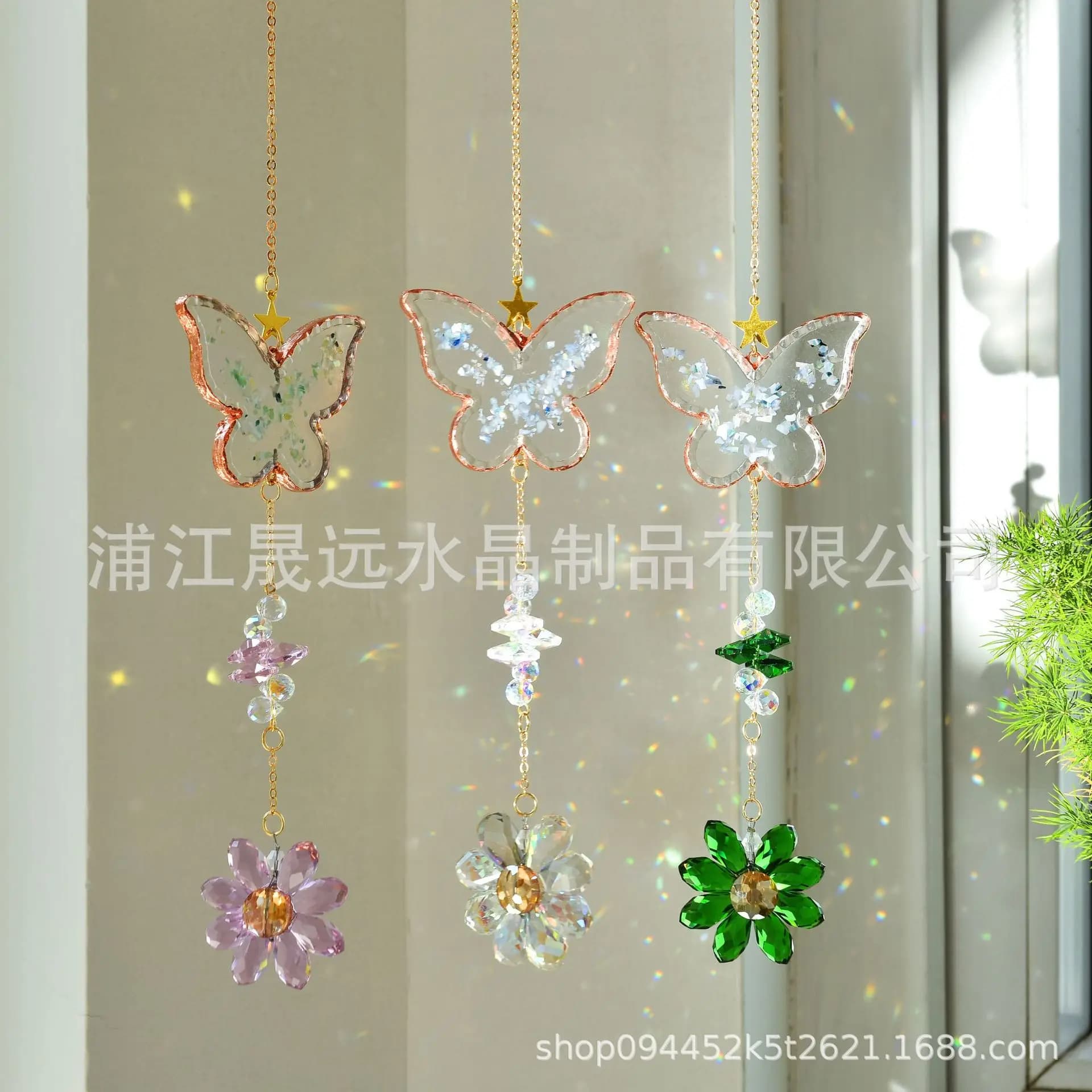 WW Butterfly Crystal Flower Sun Catcher Pendant Indoor Courtyard Garden Party Hanging Decoration Gifts
