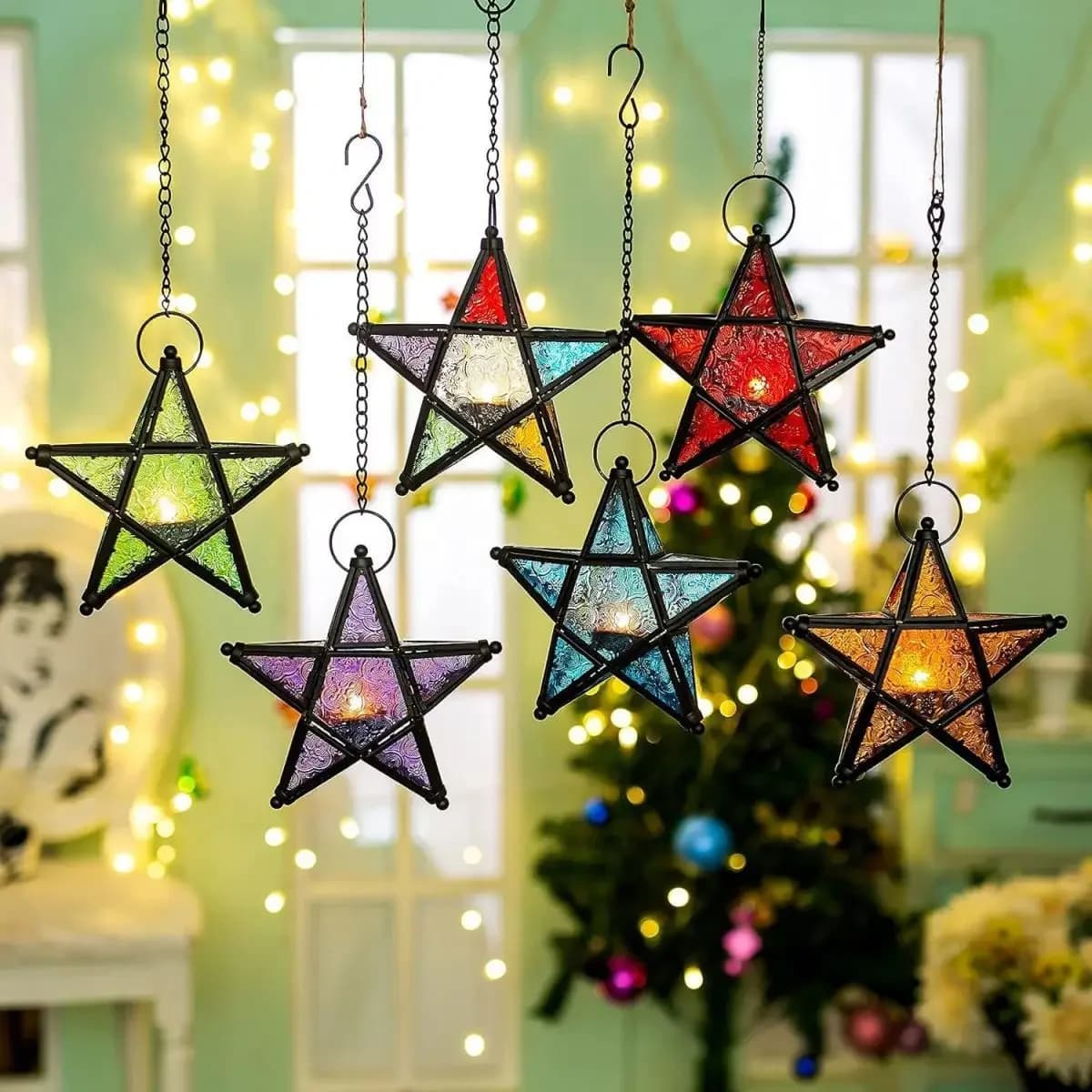 Glass Star Lantern Hanging Ornaments Tea Light Lantern Window Hangings Patio Balcony Living Room Decoration Vintage