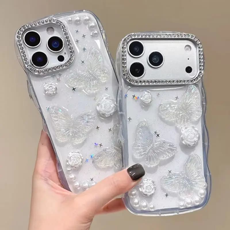 Luxury Butterfly Rose Pearl Rhinestone Phone Case for 17 Pro Max Wavy Clear Glitter Epoxy Protective Cover for iPhone 16 15 14