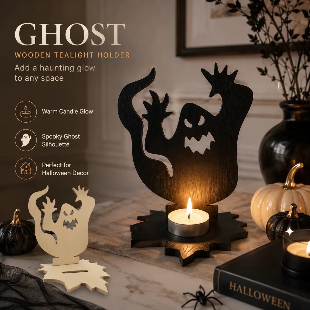 Reversible Halloween Wooden Ghost Tea Light Candle Holder, Double-Sided Black Natural Tabletop Decor for Home Party